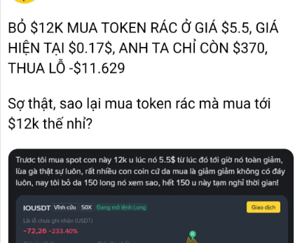 A Vietnamese social media post about investing $12K in a token at $5.5, now worth $0.17, showing a loss of -$11,629, with a screenshot showing 'IOUSDT -72.26, -233.40%'.