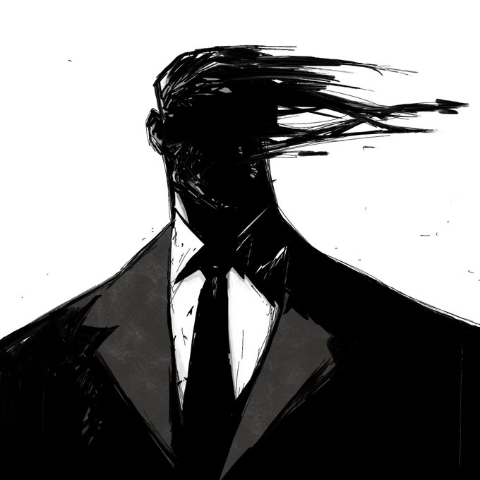 A black and white digital sketch depicts a faceless figure in a suit and tie with messy hair blowing in the wind.