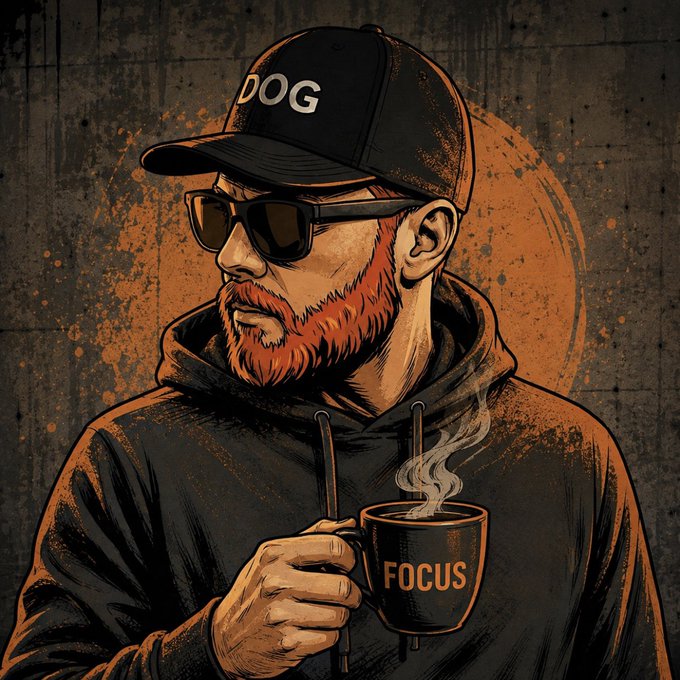An illustrated stylized portrait shows a bearded man in sunglasses and a black hoodie wearing a 'DOG' cap, holding a steaming black mug labeled 'FOCUS.'