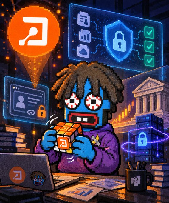 A pixel-art scene shows a distressed character at a laptop surrounded by security, lock, cloud, and finance-themed icons, with an orange app-like logo prominently displayed.