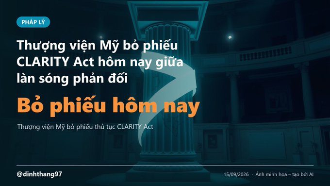 Vietnamese language news graphic about the US Senate voting on the CLARITY Act, dated 15/09/2026, with the headline 'Thượng viện Mỹ bỏ phiếu CLARITY Act hôm nay giữa làn sóng phản đối' and 'Bỏ phiếu hôm nay'.