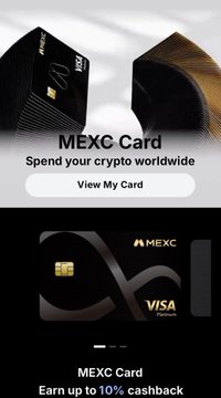 Two MEXC Card promotional images advertising a Visa crypto card with features like 'Spend your crypto worldwide' and 'Earn up to 10% cashback'.