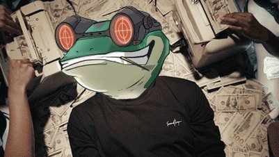 The image features a cartoon frog with neon green eyes and red goggles, sitting atop stacks of $100 bills and a white paper bill on the floor. In the background, there are other people who seem to be engaged in an activity related to the illustration or possibly discussing the Frog's financial status.