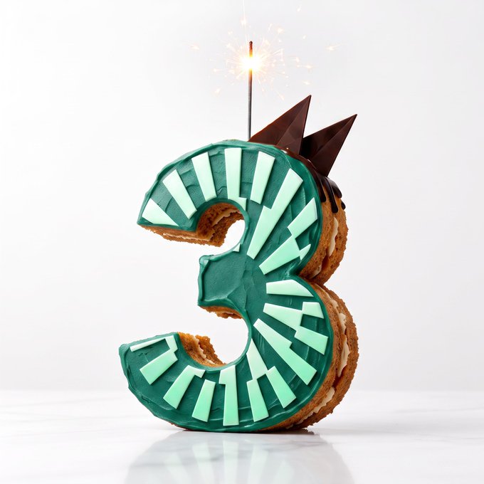 A "3"-shaped cake decorated in green and teal with a sparkler candle celebrates Mantle's 3rd birthday, marking three years of the crypto project's growth and ecosystem development.