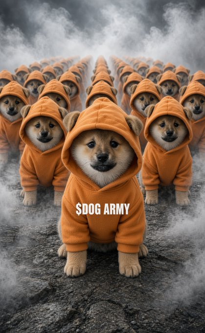 A surreal AI-generated image of rows upon rows of identical Shiba Inu puppies wearing orange hoodies walking through smoke, with '$DOG ARMY' printed across the front puppy's hoodie.