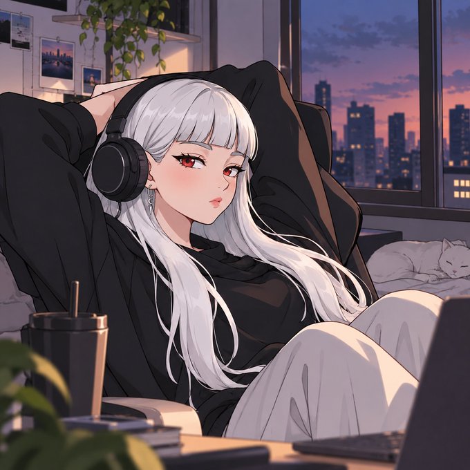 An anime-style illustration of a white-haired girl with red eyes wearing headphones and a black hoodie, sitting in a chair by a window with a cat sleeping nearby.