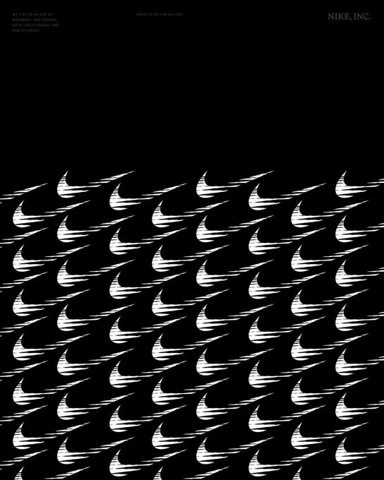 A black poster displays a pattern of white Nike swoosh logos stretching across the bottom. Text includes "NIKE, INC." and a description of a 48-year-old assistant coach.