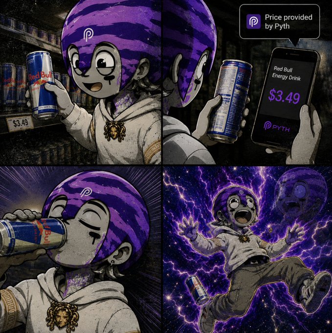 A four-panel comic-style illustration features a character in a purple helmet interacting with a Red Bull can, whose price ($3.49) is provided by Pyth network, ending with the character floating in a cosmic purple energy field.