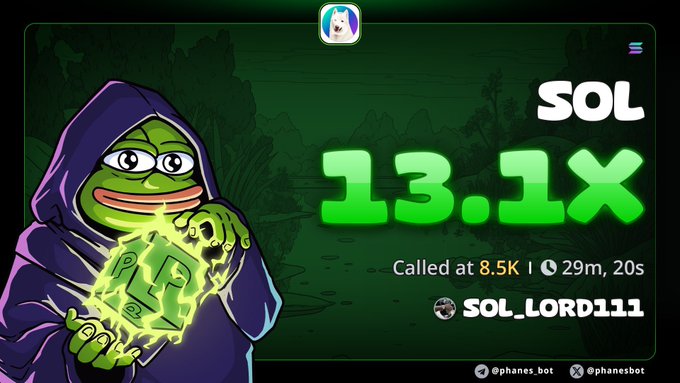 A promotional banner featuring a Pepe the Frog-style cartoon character in a purple hood holding glowing green dice, with text displaying 'SOL', '13.1x', 'Called at 8.5K', a timer of '29m, 20s', and the username 'SOL_LORD111' alongside handles '@phanes.bot' and '@phanesbot'.