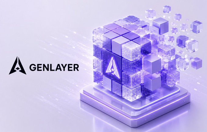 A promotional graphic for **GENLAYER** features a glowing, fragmented purple cube composed of smaller data blocks breaking apart, with the GenLayer logo (a stylized "A") displayed prominently alongside the brand name. The image visually reinforces the post's message about earning from actual output rather than speculative hype, symbolizing a structured yet dynamic system where value is generated and distributed from what contributors actually build.