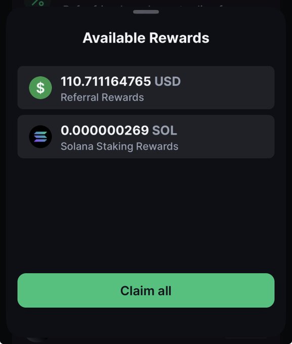 A mobile app screenshot titled 'Available Rewards' displaying '110.711164765 USD Referral Rewards' and '0.000000269 SOL Solana Staking Rewards' above a green 'Claim all' button.