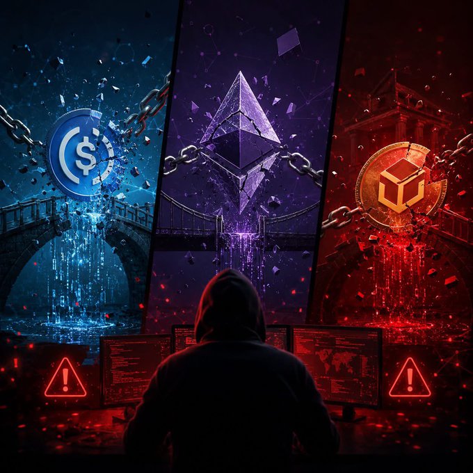 A dramatic crypto-themed digital artwork showing a hooded figure at a computer, with three panels displaying USDC, Ethereum, and another cryptocurrency logos breaking through chains with red warning triangles.