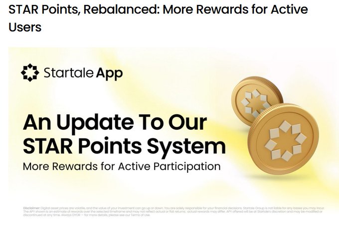 A promotional graphic from Startale App announcing an update to their STAR Points system with 'More Rewards for Active Participation' and gold token imagery.