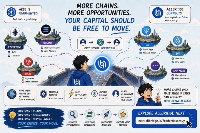 A promotional graphic for AllBridge features a character on a bridge connecting floating islands representing Ethereum, Solana, TON, SUI, TRON, and other chains, with text emphasizing "Web3 is fragmented. And that's a good thing," and "Your capital should be free to move" via a link at next.allbridge.io/code=0xsantuy.