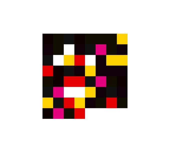 An abstract pixel art piece composed of various colored squares including black, white, red, yellow, and magenta arranged in a grid pattern.