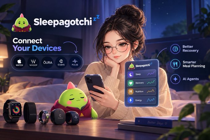 Advertisement for 'Sleepagotchi' featuring a young woman with glasses using a smartphone in a cozy bedroom setting, with the Sleepagotchi character, wearable devices (Apple Watch, Whoop, Aura, Oura, Pulse), and app interface shown, highlighting features like Better Recovery, Smarter Meal Planning, and AI Agents.