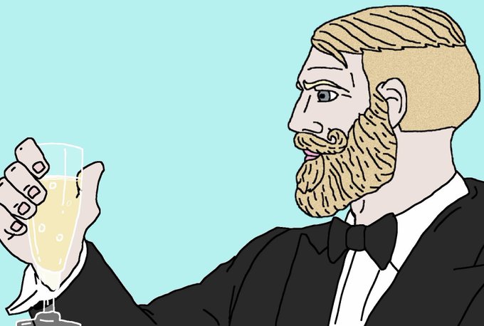 An illustration of a blonde, bearded man in a black tuxedo with a bow tie, holding a champagne flute against a light teal background in a style reminiscent of a Wojak or soyjak meme character.