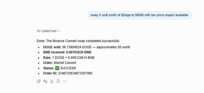 A chat interface shows a successful Binance Convert swap where approximately $5 worth of DOGE (56.74 DOGE) was sold for 0.00703639 BNB at a rate of 1 DOGE = 0.000124014 BNB.