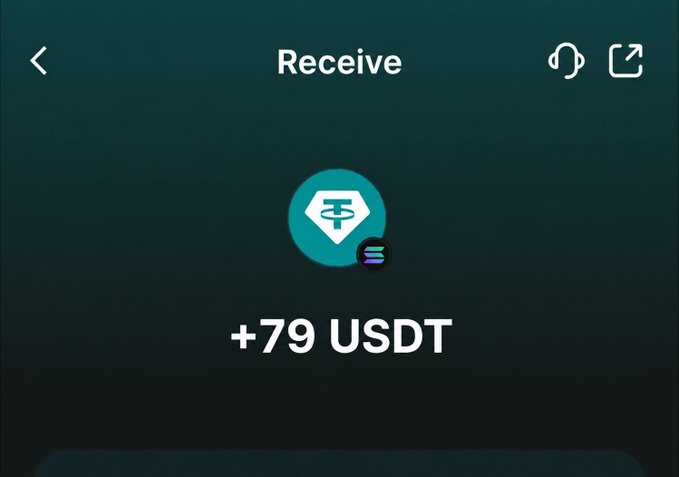 A cryptocurrency wallet app screen displaying a "Receive" transaction for "+79 USDT" (Tether) against a dark teal background.