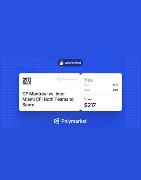 This image shows a Polymarket prediction for "CF Montréal vs. Inter Miami CF: Both Teams to Score" with a "Yes" outcome costing $150 to win $217. The user is backing this exact bet on Polymarket for the MLS match.