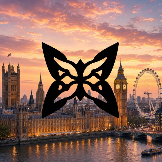 A silhouette of a butterfly logo overlays a sunset view of London's skyline featuring Big Ben, the Houses of Parliament, and the London Eye.