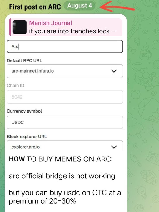 A screenshot of a chat message titled 'First post on ARC' dated 'August 4', containing blockchain details like 'Default RPC URL', 'Chain ID', and instructions on 'HOW TO BUY MEMES ON ARC'.