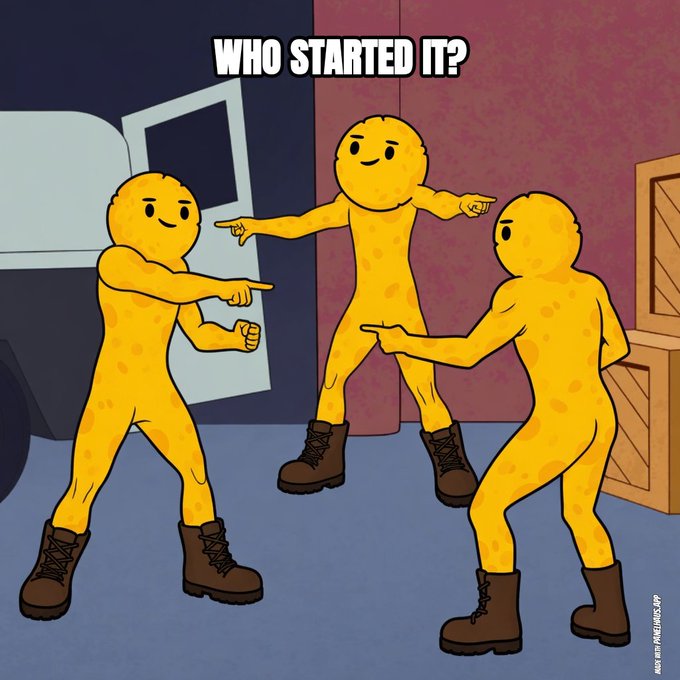 Three orange humanoids pointing at one another with the caption 'Who started it?' Supplemental information includes a mention of "solana wallet," suggesting the meme relates to cryptocurrency culture or technology.