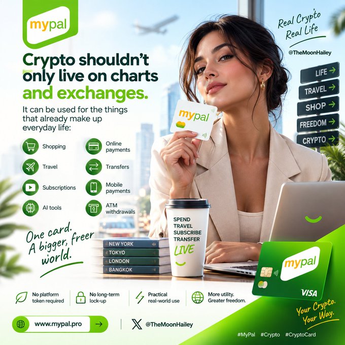 A promotional graphic for Mypal, a crypto-linked Visa card, featuring a confident woman holding the card alongside a coffee cup and laptop, with the brand's tagline "Real Crypto, Real Life." The image illustrates the post's message by visually showcasing how crypto can be integrated into everyday activities like shopping, travel, and online payments, with destination labels (New York, Tokyo, London, Bangkok) and icons representing various real-world use cases reinforcing the "One card. A bigger, freer world." concept.