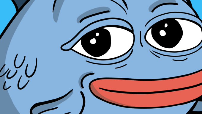 A close-up cartoon illustration shows a blue fish character with large, soulful eyes and a small smile, rendered in a simple, expressive style reminiscent of Matt Furie's art. The image aligns with the post's description of $BLUB as an Olympus figure built from humor and community spirit, embodying the iconic, endearing aesthetic associated with Furie's creations.