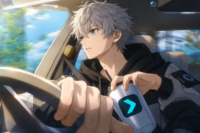 An anime-style illustration shows a silver-haired young man in a hoodie driving a car while holding a phone displaying a blue arrow logo.