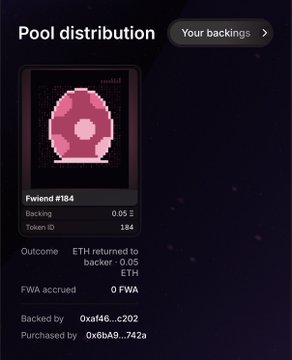 AI-generated image. A dark-themed dashboard screen titled 'Pool distribution' showing a 'Friend #184' entry with a pink avatar, 0.05 Ξ backing, Token ID 184, and an outcome of 'ETH returned to backer: 0.05 ETH'.