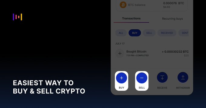 An advertisement with the text 'EASIEST WAY TO BUY & SELL CRYPTO' alongside a screenshot of a crypto wallet interface showing a BTC balance and a completed transaction.