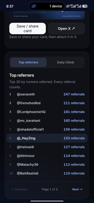 A mobile screenshot displays a 'Top referrers' leaderboard ranking 10 users by referral count, with @savaxeth leading at 247 referrals, followed by @0xmehedibd (211) and @LordphoenixHQ (181), dated 8:37.