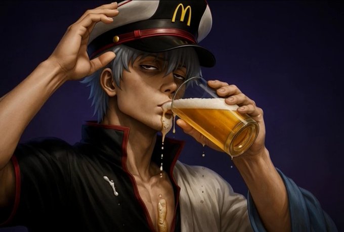 An anime-style illustration of a silver-haired character wearing a McDonald's captain's hat and uniform, drinking a glass of beer.