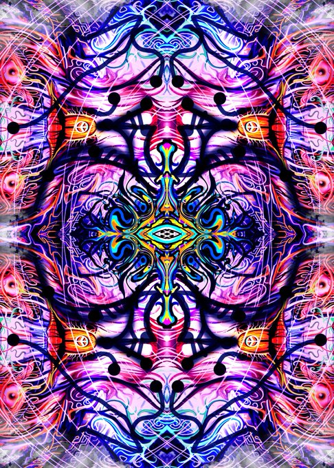 A vibrant, symmetrical psychedelic artwork featuring intricate kaleidoscopic patterns in neon purple, pink, blue, and orange hues.