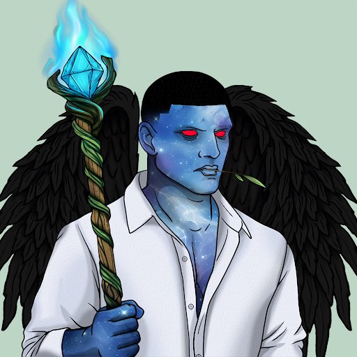 A blue-skinned, angel-winged character with glowing red eyes and starry patterns holds a wooden staff topped with a flaming blue crystal, wearing an open white collared shirt—fitting the "badass" giveaway theme and showcasing the NFT-style artwork that the user is hoping to win as a holder of @Solgodsnfts.