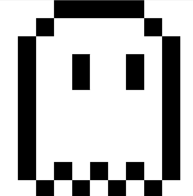 A simple pixel-art ghost figure in black and white with two rectangular eyes and a checkered bottom edge.