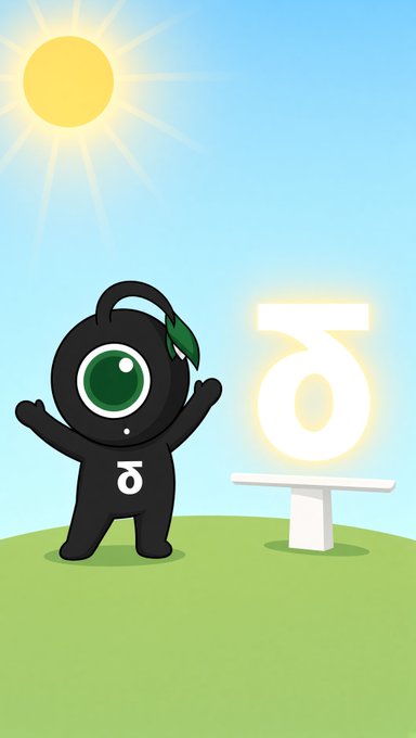Cartoon black mascot character with a large eye standing next to a podium displaying the number '3' under a sun.