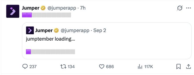 A screenshot of a tweet from Jumper (@jumperapp) posted 7 hours ago that quotes a previous tweet from September 2nd reading "jumptember loading..." with a blurred progress bar. The post has garnered significant engagement with 117K views, 686 likes, 237 replies, and 134 retweets, reflecting the community's anticipation around the teased "jumptember" event tied to the speculated October 17th-18th dates.