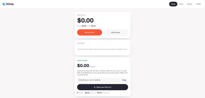 Screenshot of the Bloop app showing a portfolio balance of $0.00 in stocks and a referral link for invite earnings of $0.00 earned.