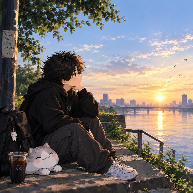An anime-style illustration shows a young man with messy black hair sitting contemplatively by a riverside at sunset, accompanied by a small white cat plushie and an iced coffee cup. A nearby signpost reads 'Small Steps, Big Dreams,' with a cityscape and bridge visible across the water.