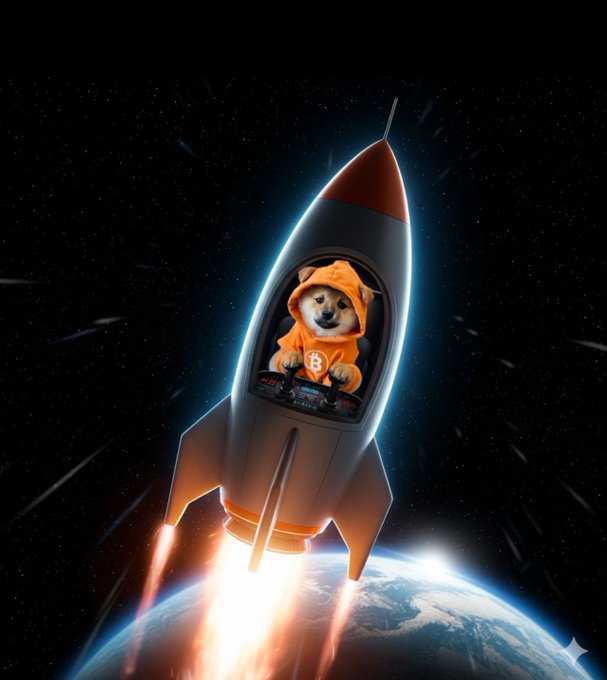 A digital illustration of a Shiba Inu dog wearing an orange hoodie with a Bitcoin logo, piloting a rocket ship through space above Earth with stars in the background.