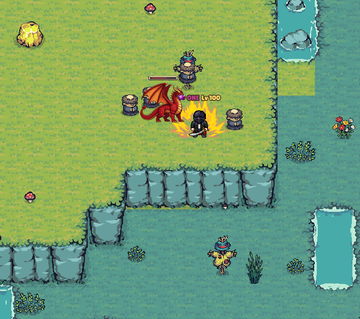 A screenshot from a pixel art video game showing a character with red hair fighting a knight enemy, with a health bar reading 'Lv.100' visible on the grassy map.