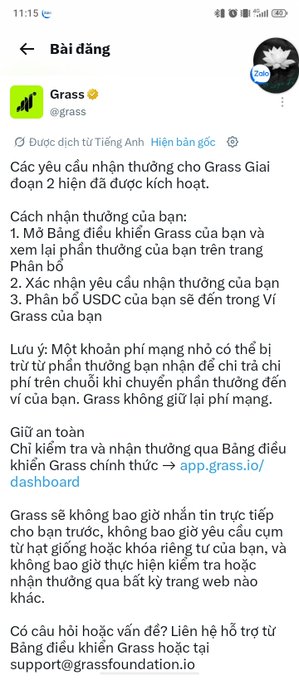 A Vietnamese-language tweet from the official @grass account about claiming over 2 years of airdrop rewards through the Grass dashboard.