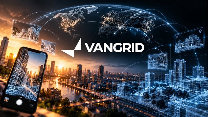 A promotional image for 'VANGRID' displays the company logo over a digital world map with holographic city imagery and a smartphone interface.