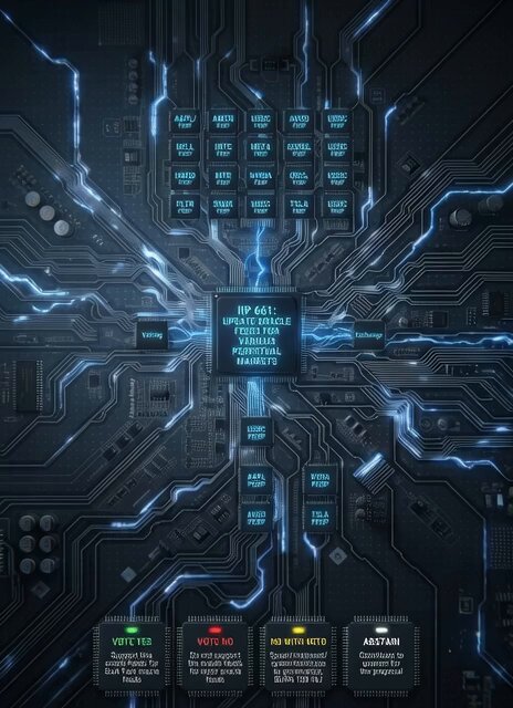 The image features an abstract representation of an electronic circuit board with various components such as resistors, capacitors, and transistors. The circuit board has blue lines connecting different parts, creating a sense of complexity and interconnectedness. In the center of this circuit board is a small square containing text that reads "IIP 661". Below this central square, there are several other squares with different texts related to the voting process for IIP 661. These squares include "Vote No", "Vote Yes", "Vote No", and "Vote Yes". The image also includes a small ticker update in the bottom right corner.