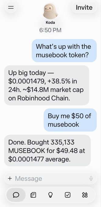 A chat message exchange where a user asks 'What's up with the musebook token?' and is told it's 'Up big today — $0.0001479, +38.5% in 24h' before requesting a $50 purchase that is fulfilled with 335,133 MUSEBOOK tokens.