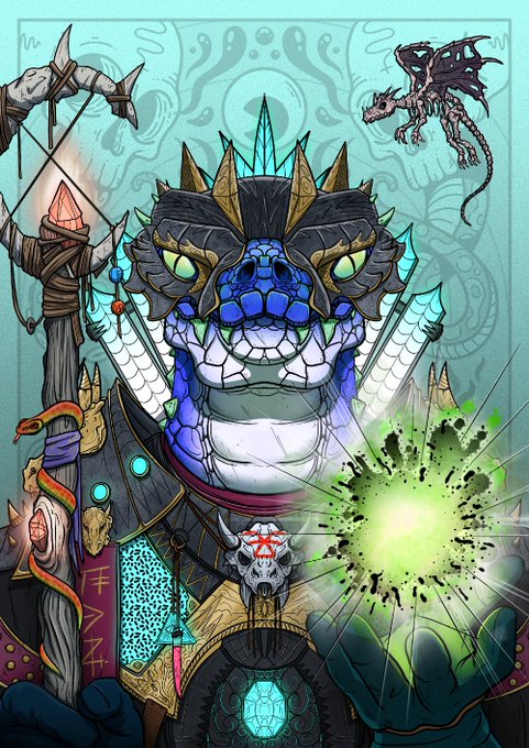 A stylized digital illustration of an armored reptilian warrior with blue scales and glowing green eyes, wielding a staff topped with a crystal and holding a glowing green energy orb.