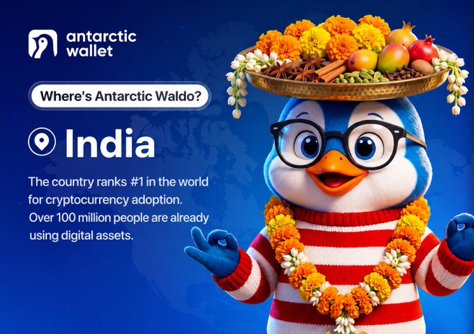 The Antarctic Wallet image highlights India's #1 ranking in global cryptocurrency adoption, with over 100 million people using digital assets. This visually represents India's prominent position in the crypto market using a festive penguin character adorned with traditional Indian symbols.