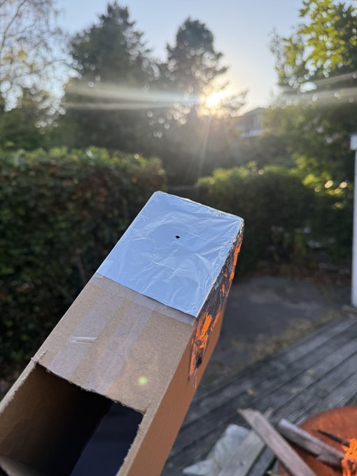 A long cardboard box with one end sealed in silver duct tape is held up against a bright sunlit sky, with green hedges and trees in the background.